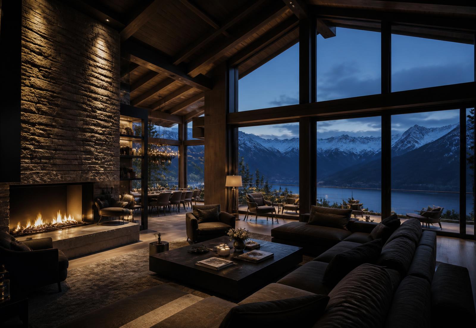 Séjour d'un chalet contemporain avec vue sur les Alpes et le lac au crépuscule